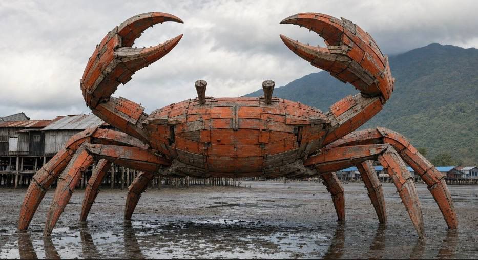 A large crab sculpture built from wooden boat planks on the mudflat