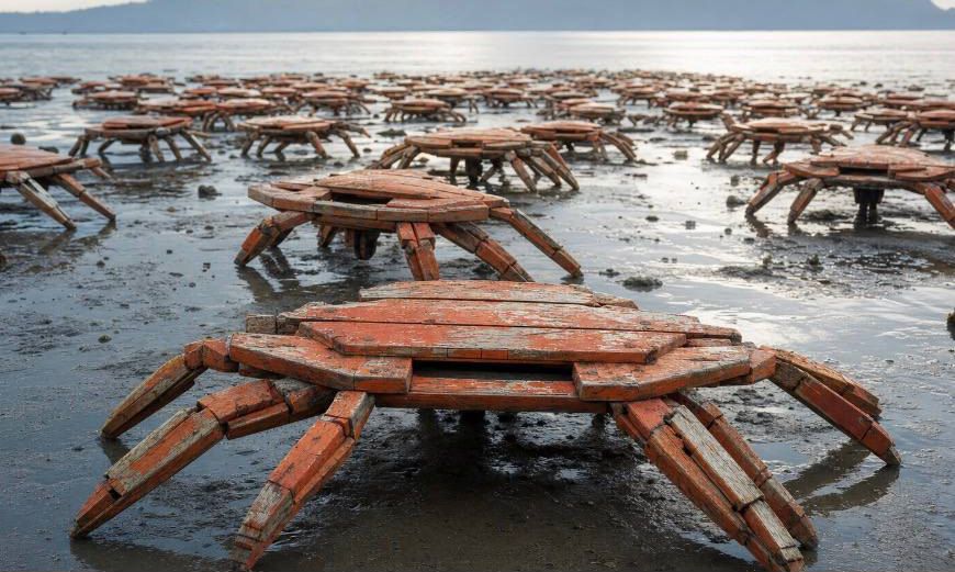 A field of small wooden crab forms made from boat timber on wet sand