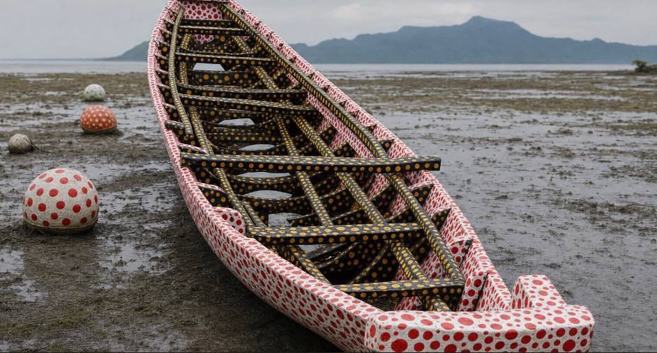 A fishing boat painted in red and black dots, resting on the mudflat
