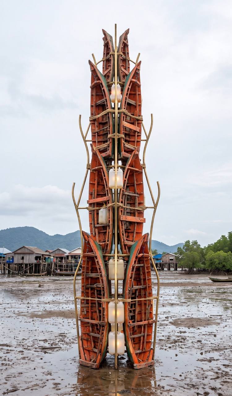 Stacked fishing hulls standing as a vertical sculpture with lanterns