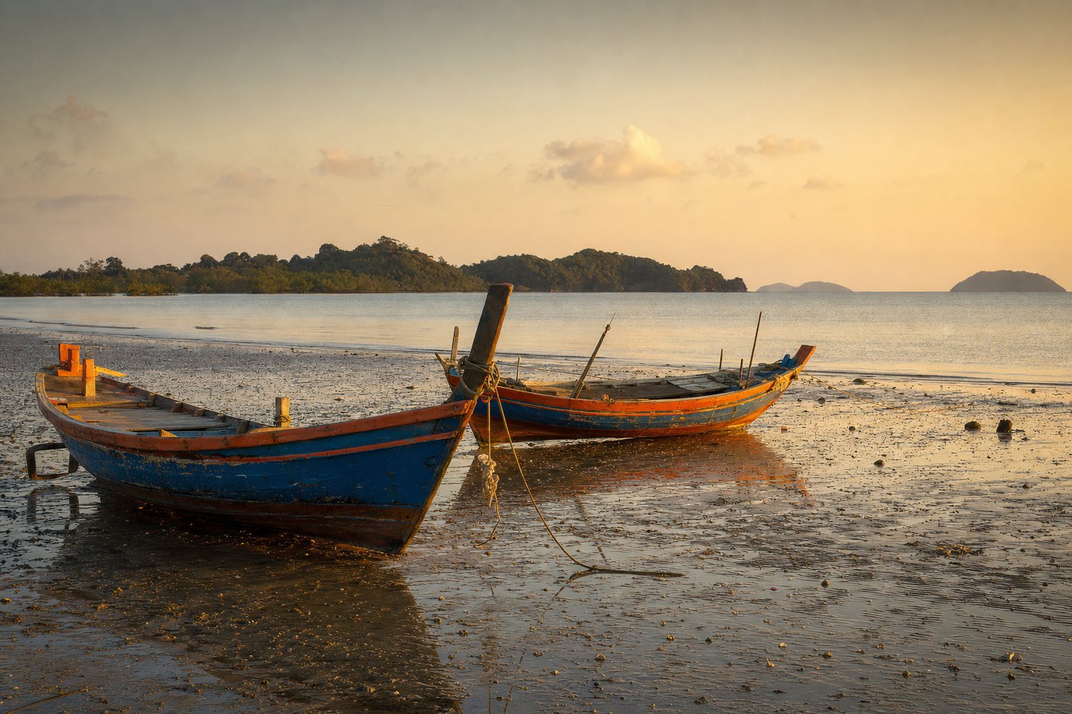 Kep shoreline with fishing boats at golden hour
