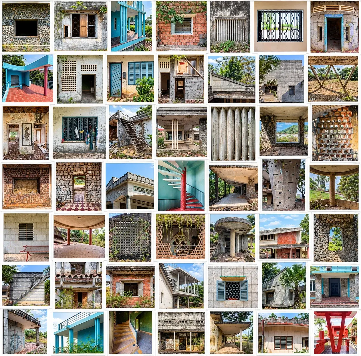 A grid of 49 photographs of Kep’s modernist villas: breeze-block screens, stone walls, louvred shutters, spiral stairs, tiled floors and concrete canopies