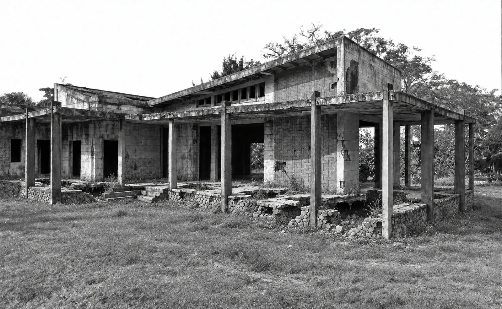 Black-and-white photograph of a ruined modernist villa in Kep: tiled walls, slender columns and an open veranda overgrown with plants